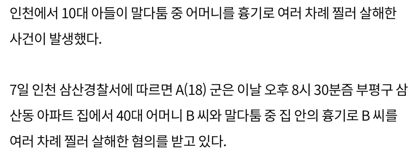 인천서 10대 아들이 말다툼중 어머니 살해 (3)