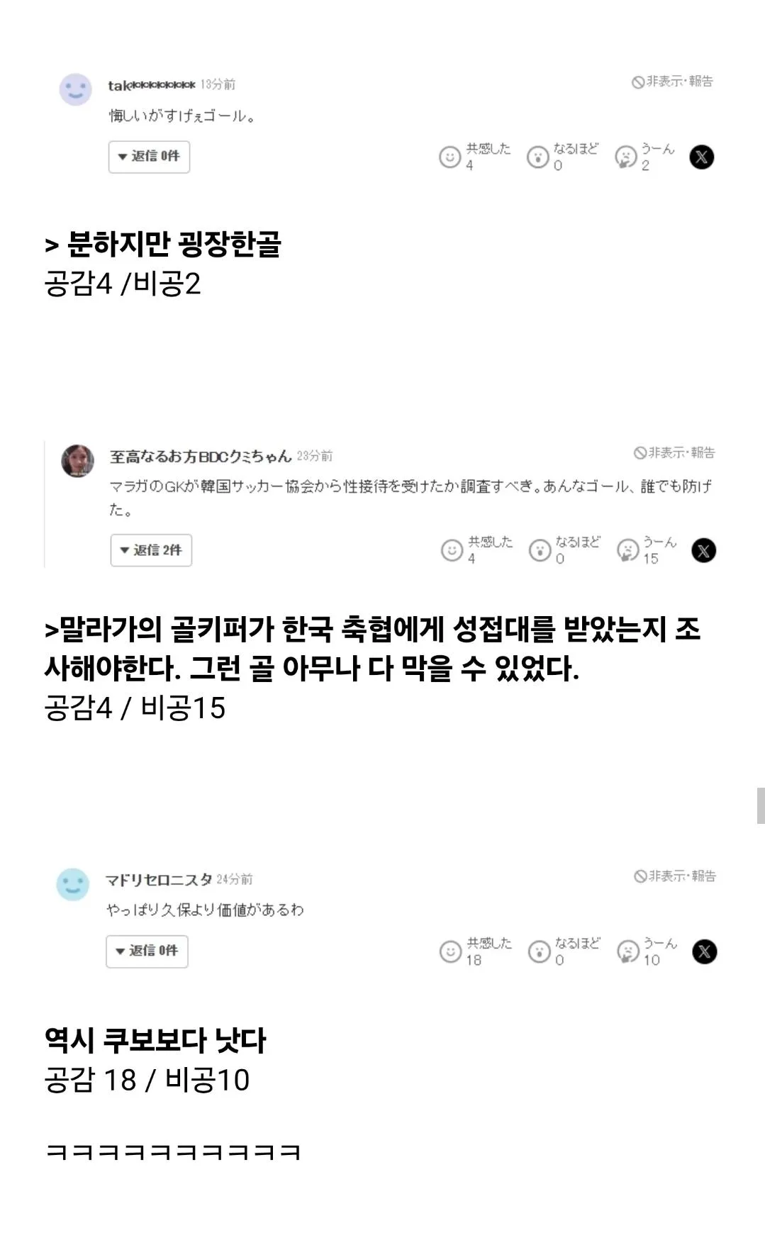 이강인 데뷔골 일본 야후 재팬 댓글 반응