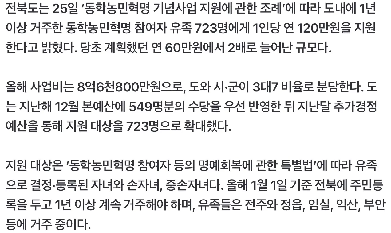 전북, 동학농민혁명 참여자 유족 723명에 매년 120만원 수당 지급 (3)