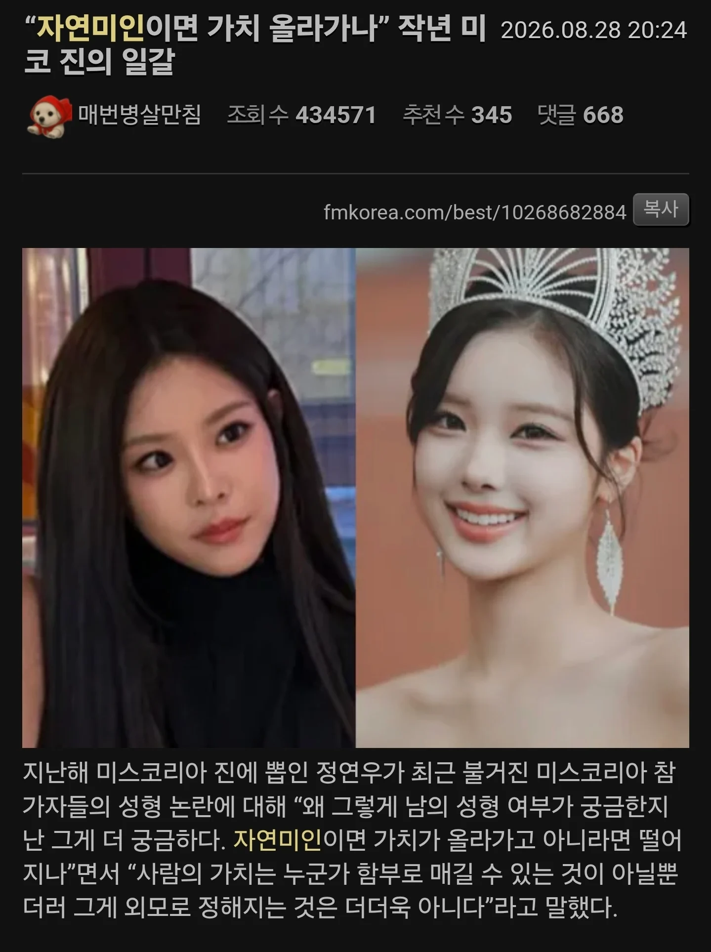 "성형 안했으면 가치 올라가나" 일침... 남초 반응 (2)