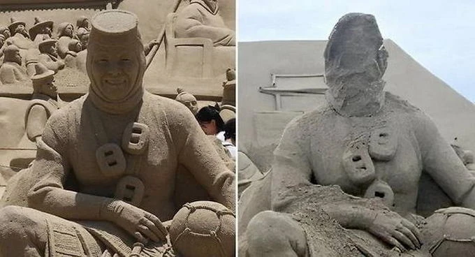 해운대 모래조각 훼손한 70대, 하나님탓 시전 (3)