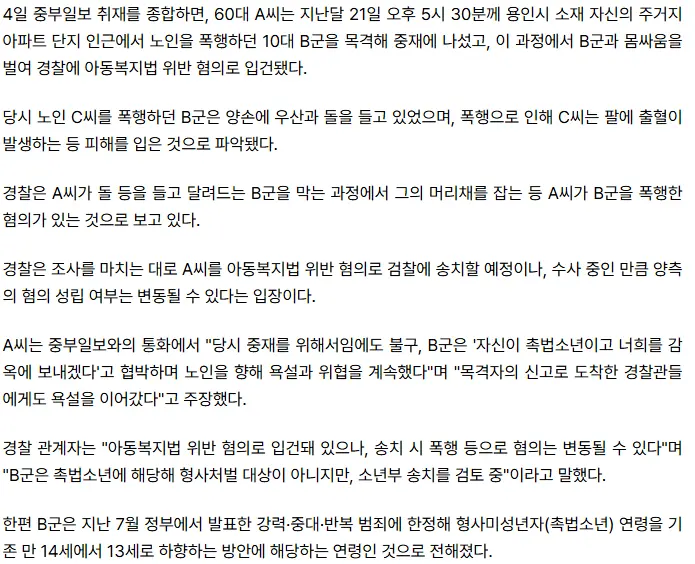 [단독] 돌들고 노인 폭행하는 촉법소년 막던 60대, 아동복지법 위반으로 경찰 조사 (2)