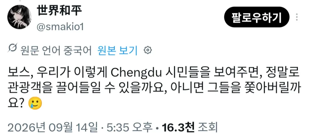 정신나가버린 중국 청두 공식 트위터 (2)