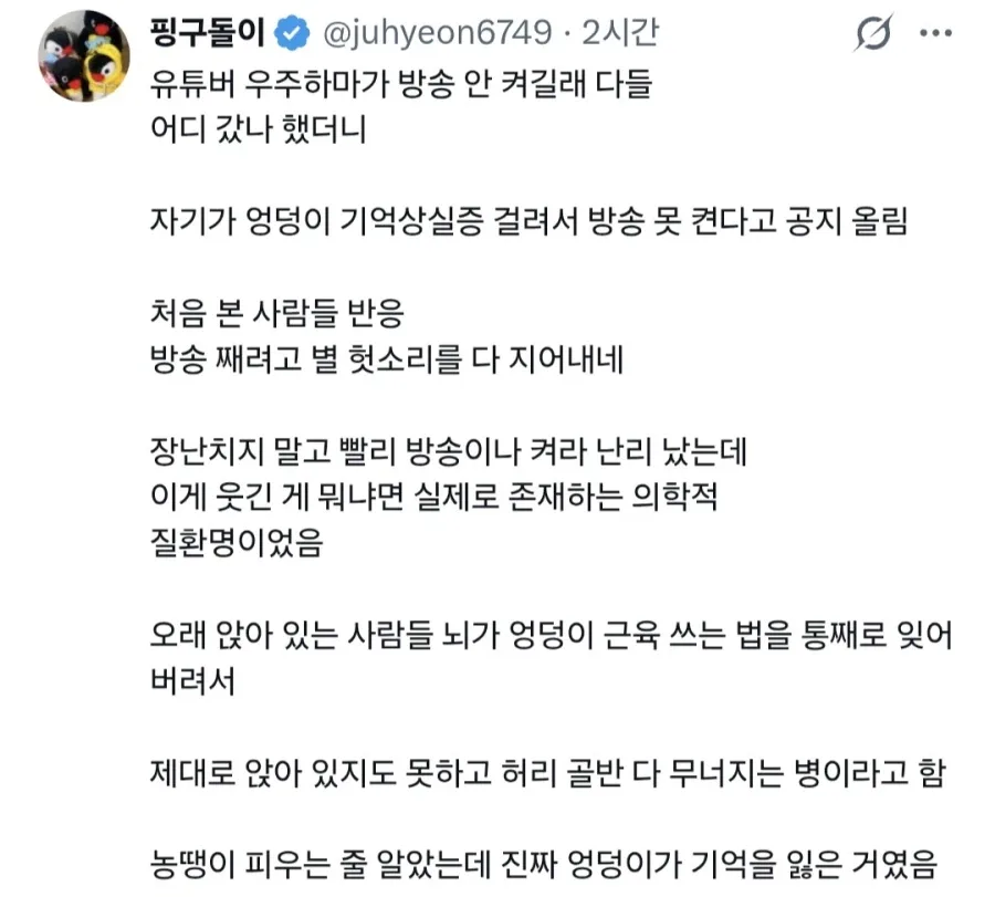 유튜버 우주하마가 걸렸다는 엉덩이기억상실증 (2)
