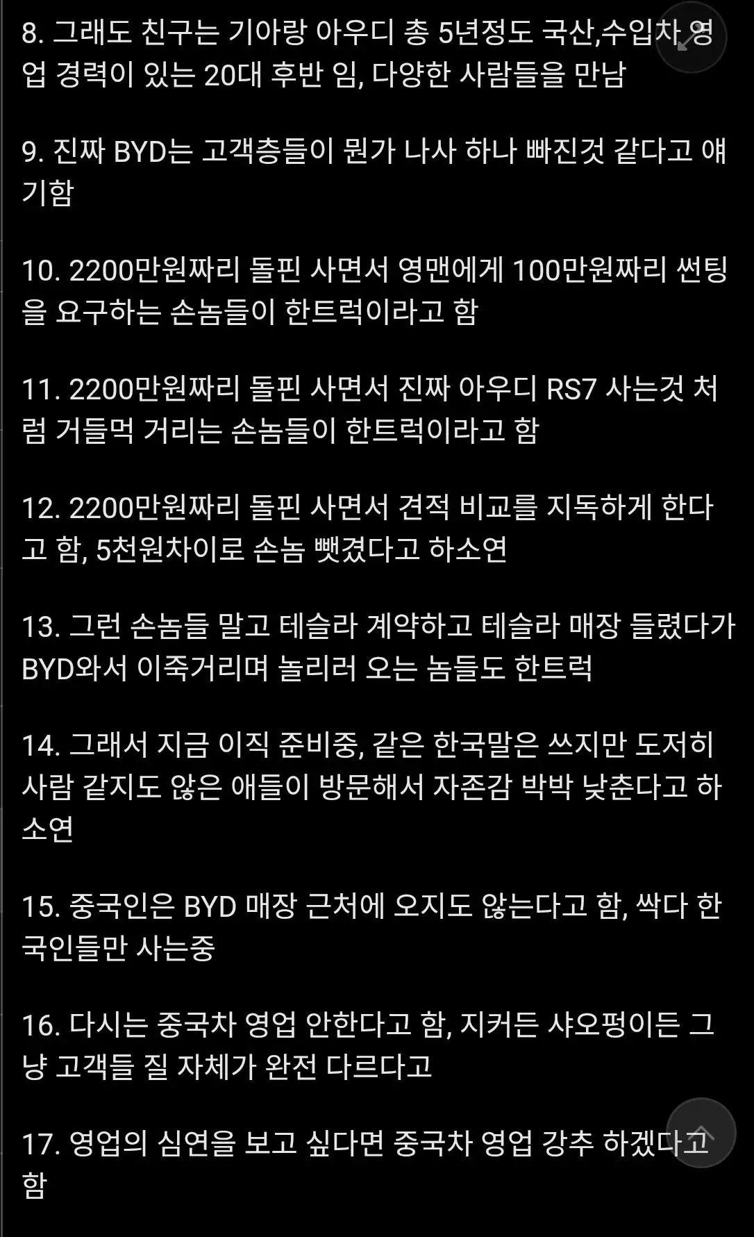 중국 전기차 BYD 영업맨이 격는 고충 (2)