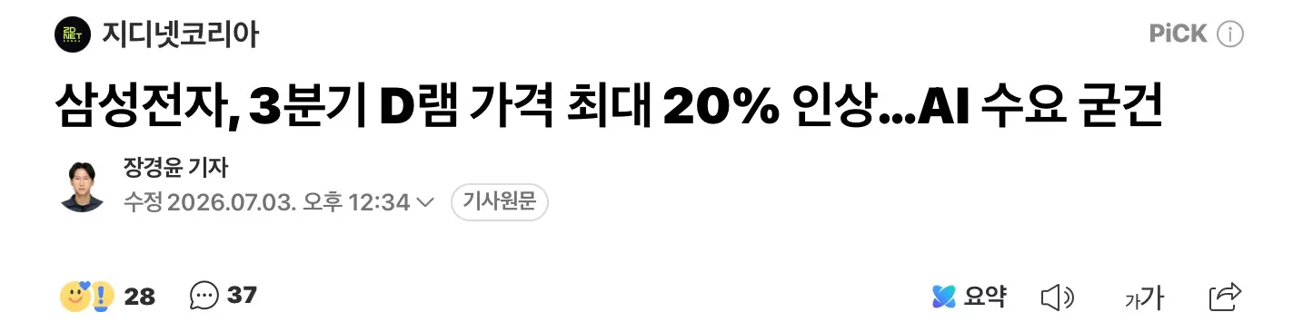 삼성전자, D램가격 20% 인상.. 수요문제 없음