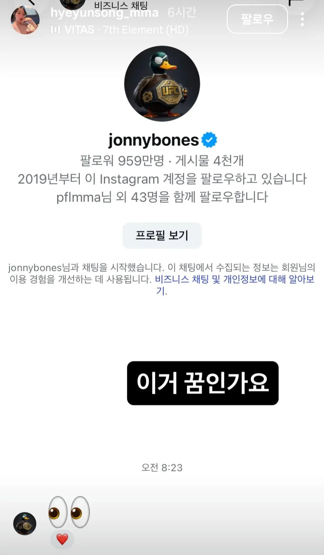 UFC 존존스한테 DM받은 한국 여자