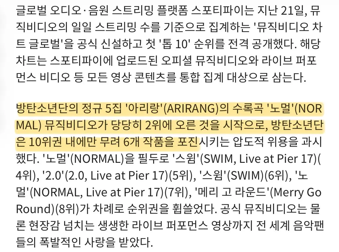 BTS, 스포티파이  ‘MV차트 글로벌’ 싹쓸이 (3)