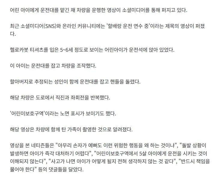 스쿨존에서 5살 손자 운전 연수 시킨 할아버지